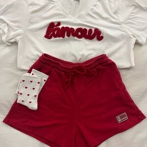 Red and White L'amour Tee and Shorts Set